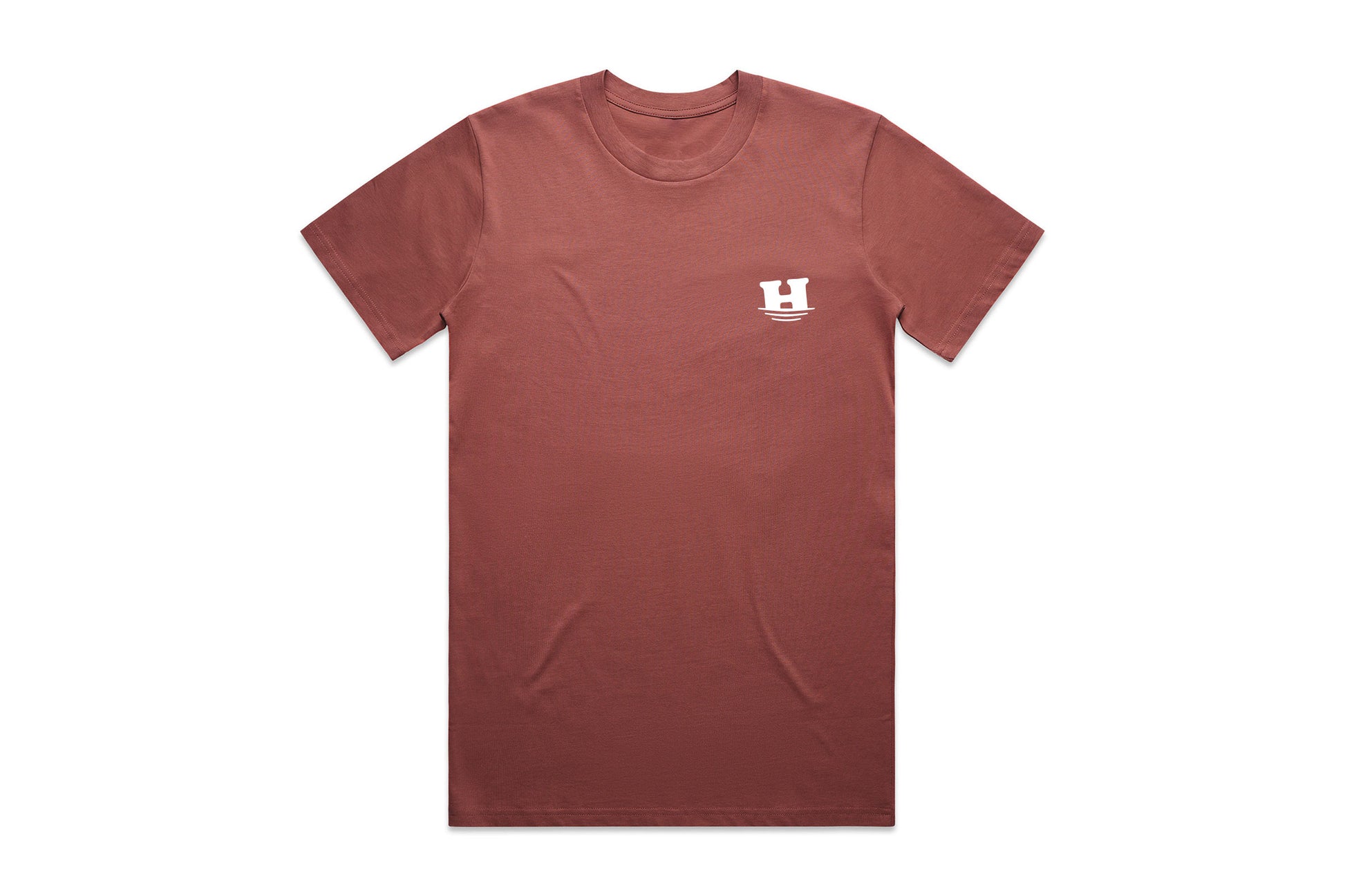 Front of t shirt graphic. Help MFG "Sinking-H" logo small on the left chest. Shirt is clay colored.