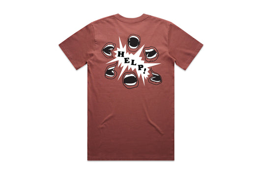 Back of T Shirt Graphic. 6 Open mouths yelling in a circle with the word "Help" in the center. Shirt is Clay colored.