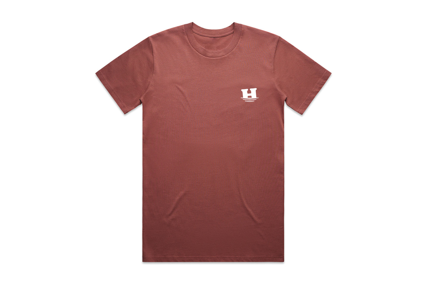 Front of t shirt graphic. Help MFG "Sinking-H" logo small on the left chest. Shirt is clay colored.