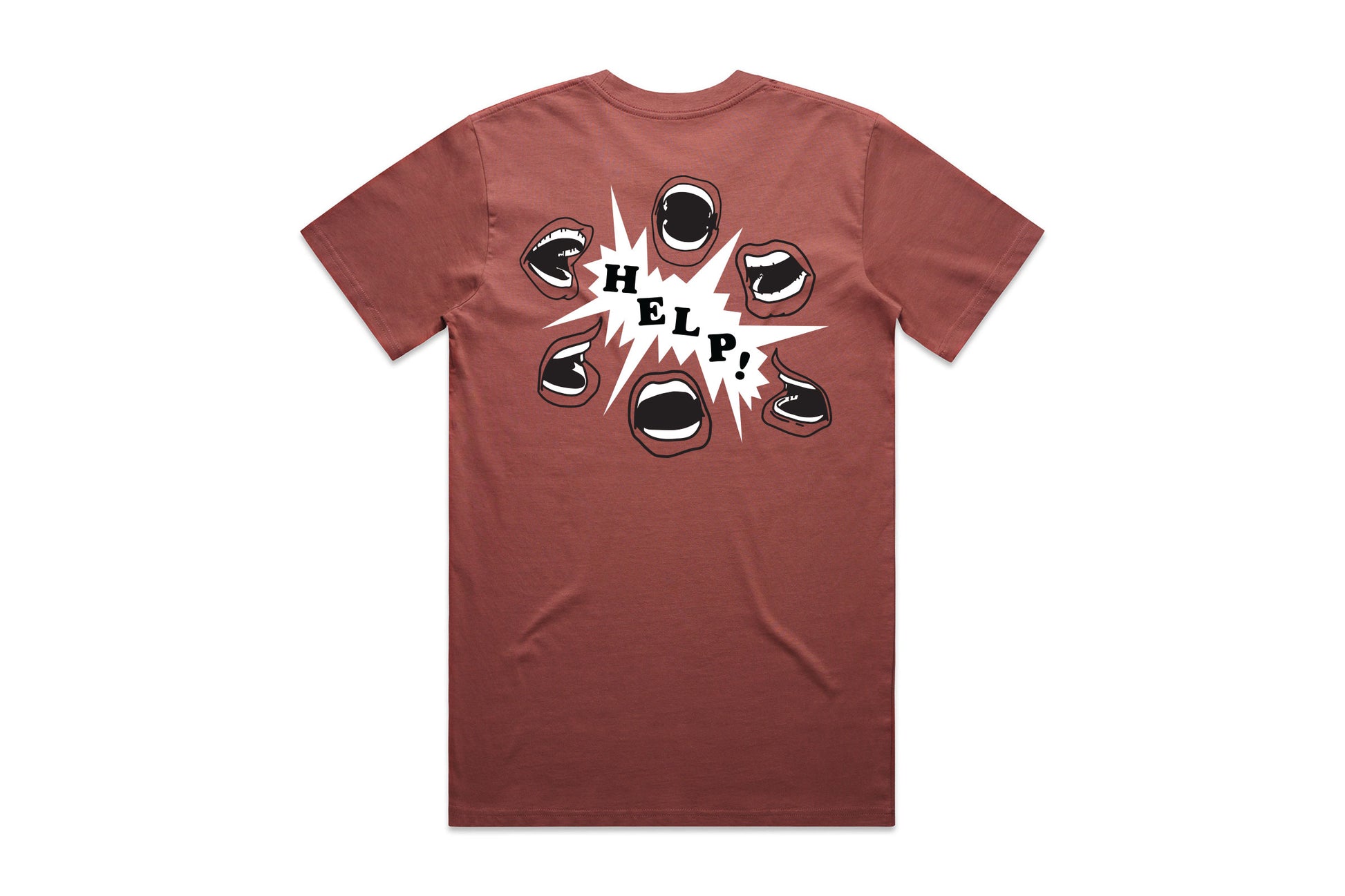 Back of T Shirt Graphic. 6 Open mouths yelling in a circle with the word "Help" in the center. Shirt is Clay colored.
