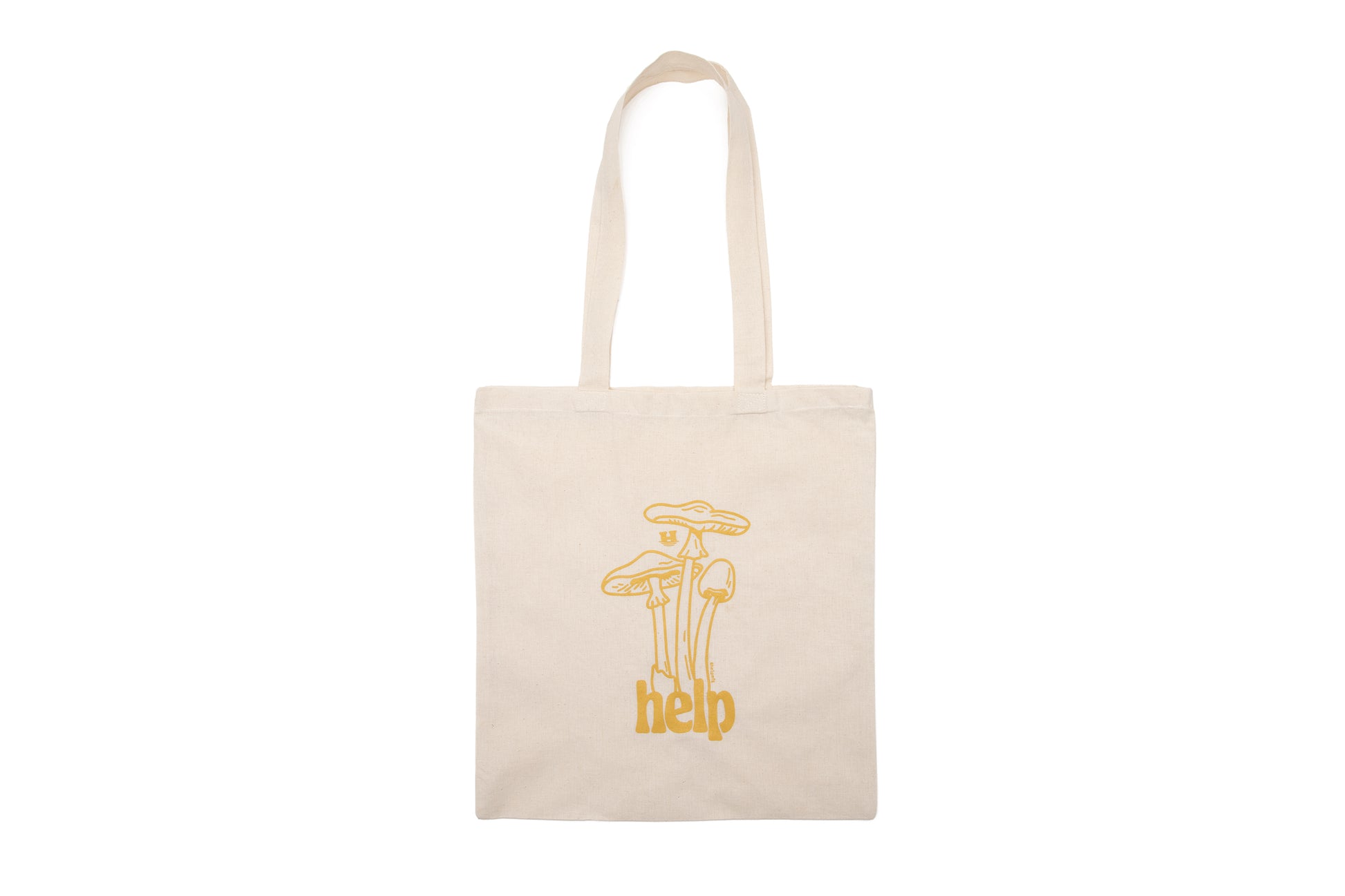 Canvas tote bag with a graphic of mushrooms sprouting out of the word "Help". Gold in color.