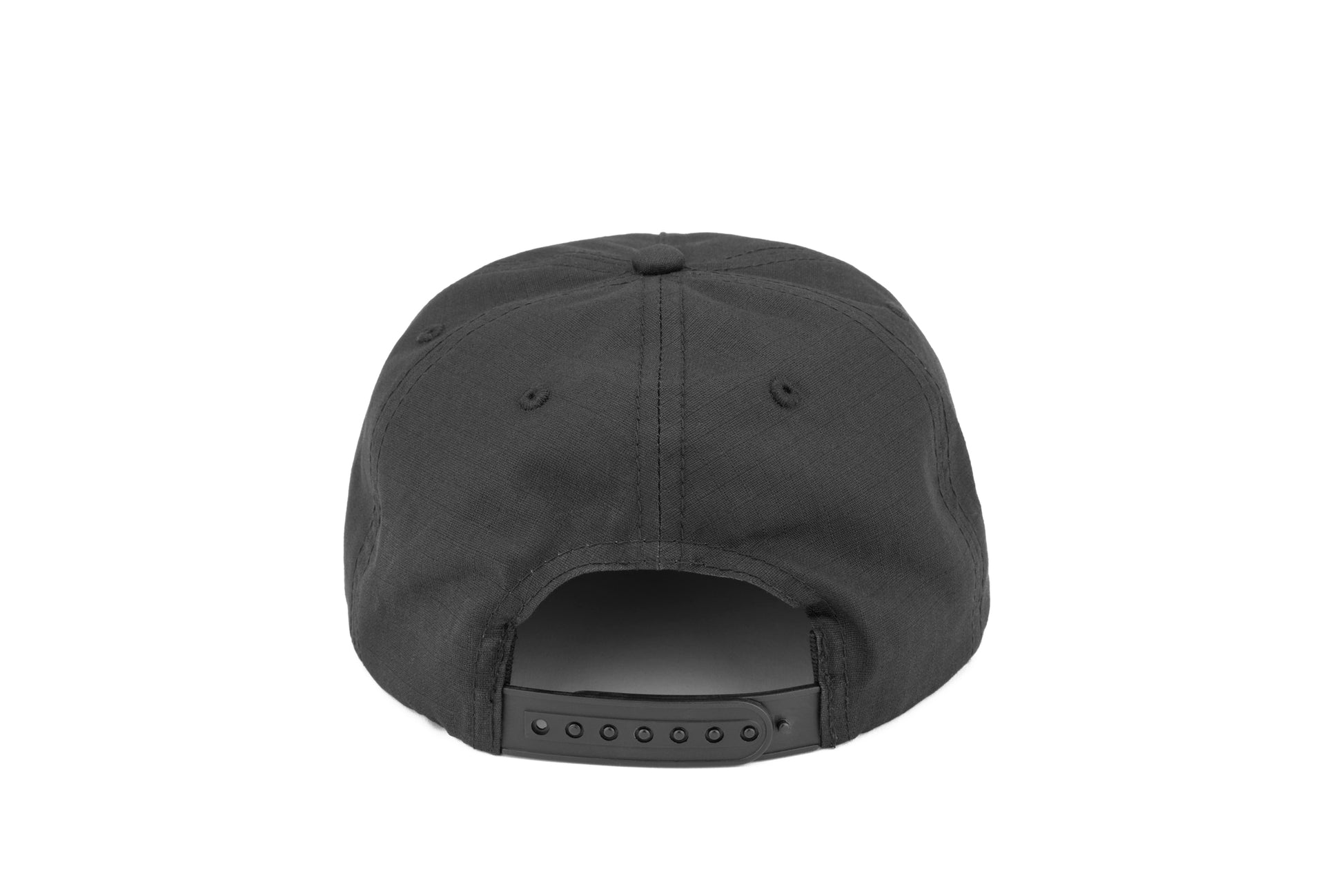 Back of black hat that shows plastic snapback