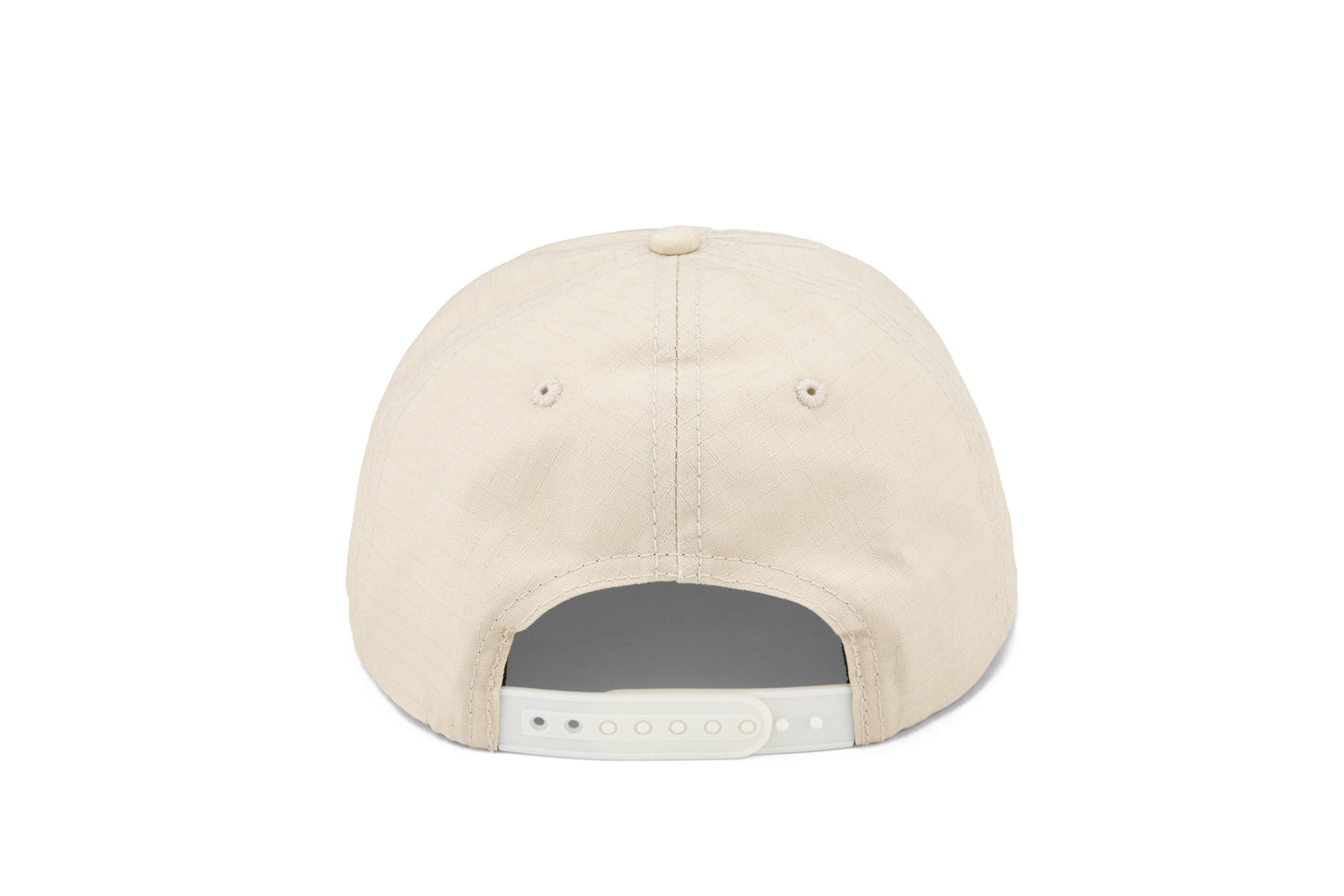 Back of stone colored hat that shows plastic snapback